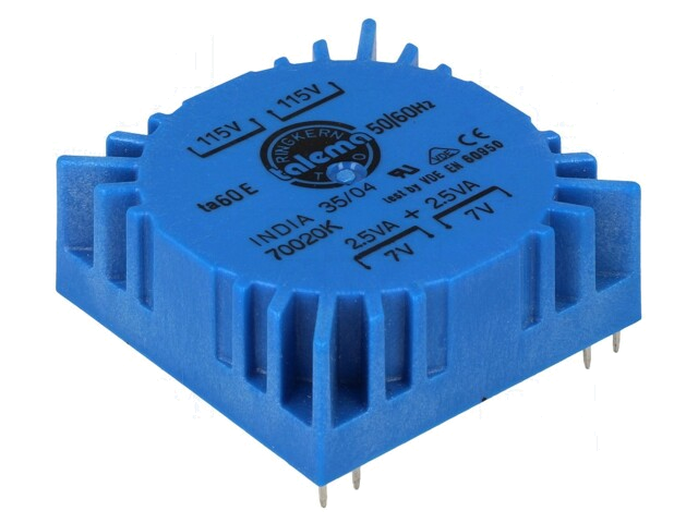 Transformator: ingegoten; 5VA; 115VAC,230VAC; 7V; 7V; 357mA; 357mA Transformator: ingegoten; 5VA; 115VAC,230VAC; 7V; 7V; 357mA; 357mA